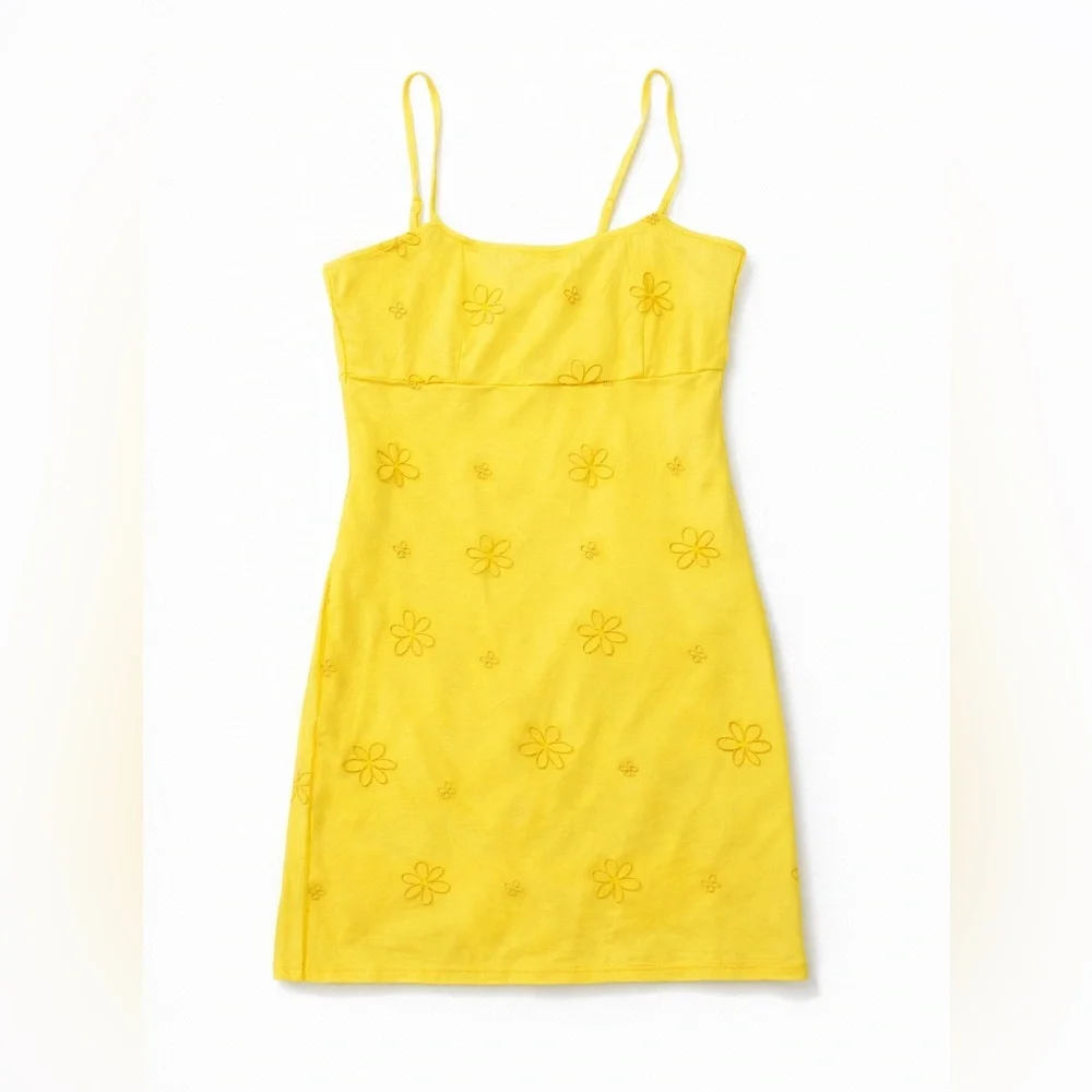 Boutique Bright Yellow Floral Embroidered Slip Dress – Size L - Picture 3 of 6